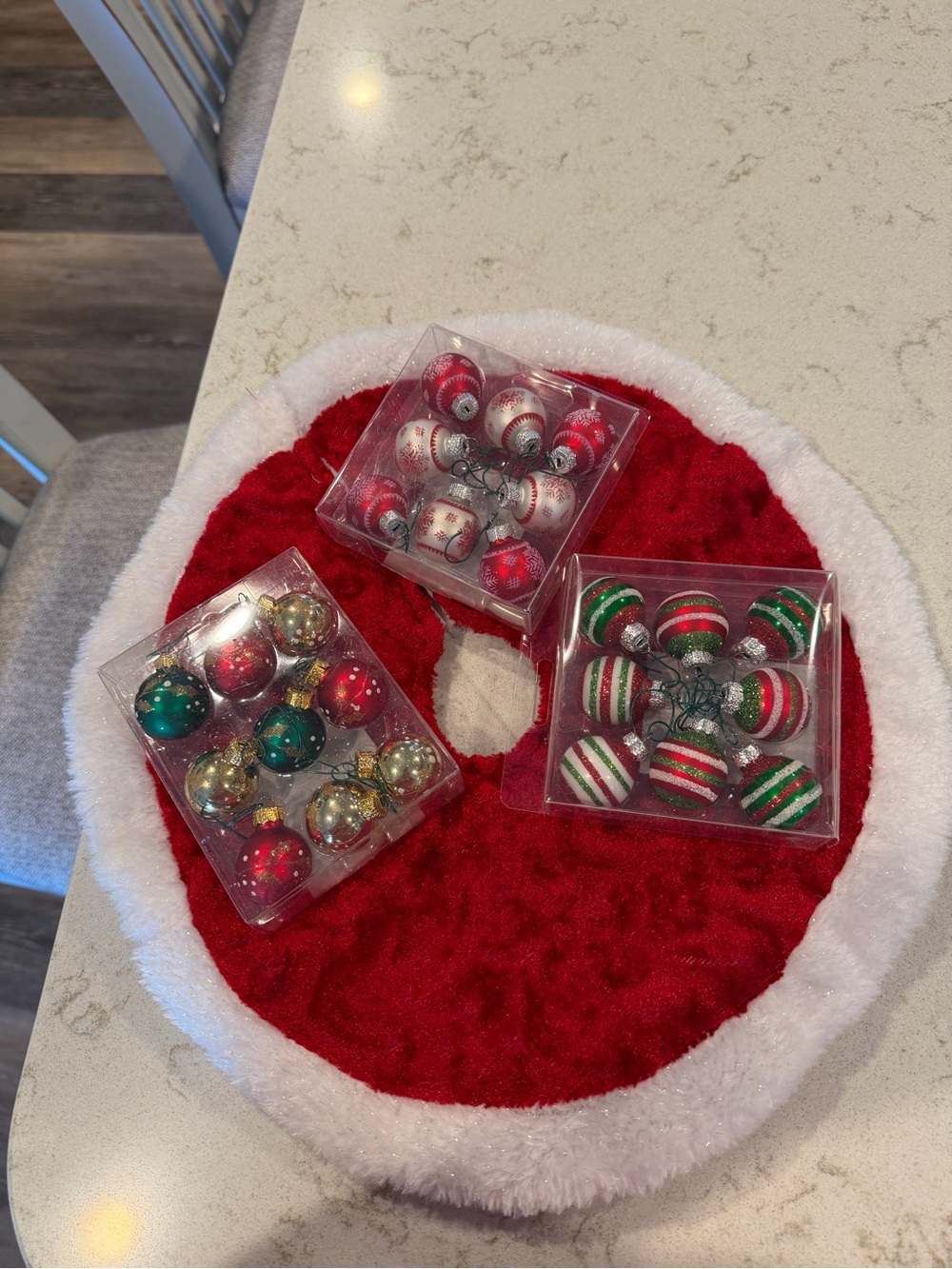 Holiday Christmas Mini-Tree Ornaments Sets in Red, Green, Gold and tree skirt